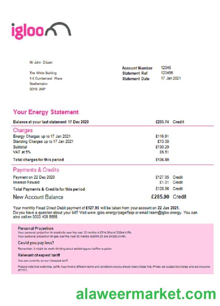 United Kingdom Igloo Energy utility bill template in Word and PDF format
